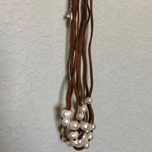 Leather Pearl Necklace and Earring Set